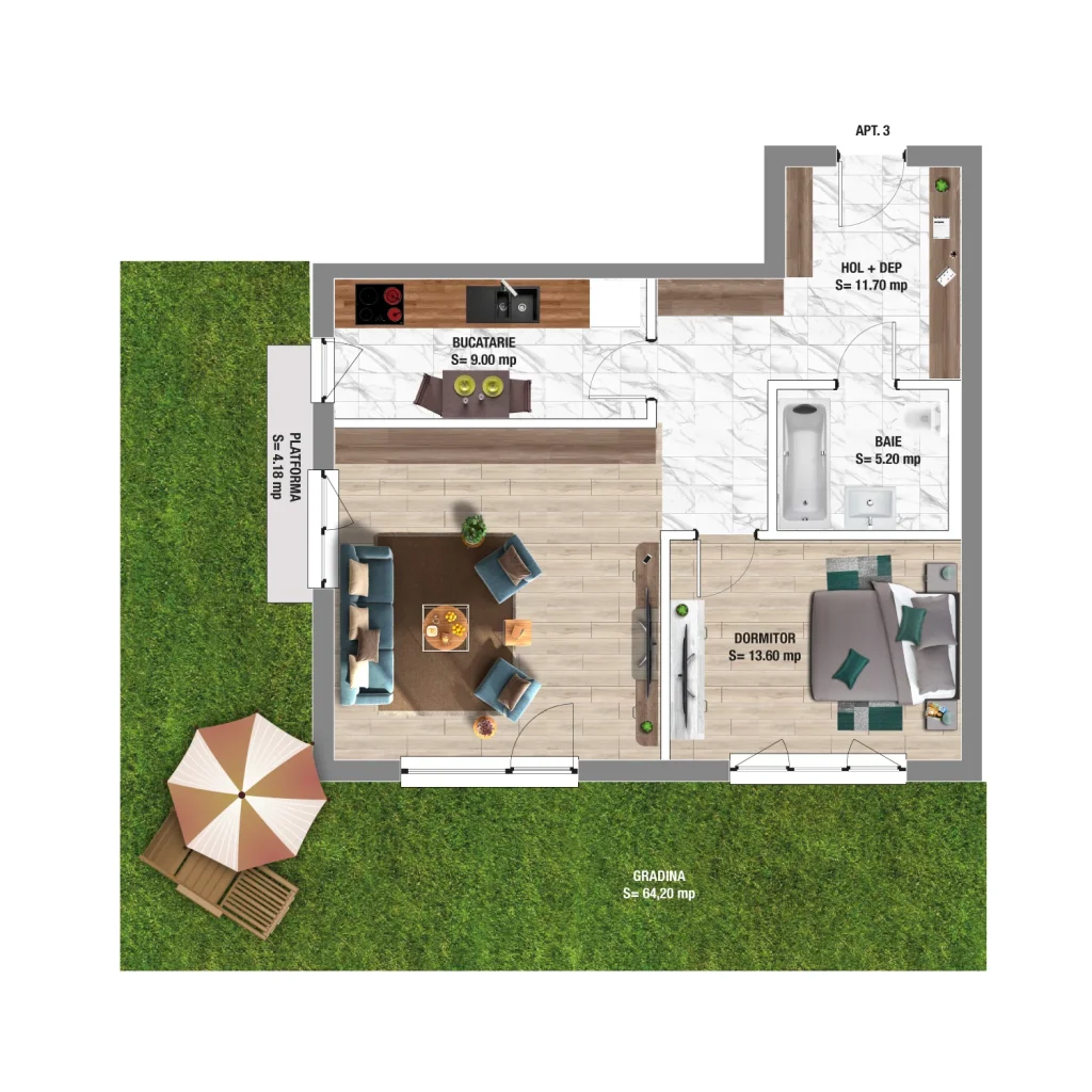 Apartament cu gradina de vanzare 2 camere 84mp in Constanta Nord, ansamblu rezidential Boreal-Plus
